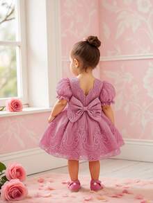 Baby Girls Embroidered Tulle Cute 1st Birthday Princess Dress, Suitable For Flower Girl, Wedding, Holiday Celebration, Fabric Floral Pattern Randomly Cut, Headband Not Included - Dusty Pink - View 5