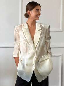 Livesso Women's Plain Front Button Closure Long Sleeve Pocket Casual Blazer Jacket,Fall Clothes - Beige - View 1