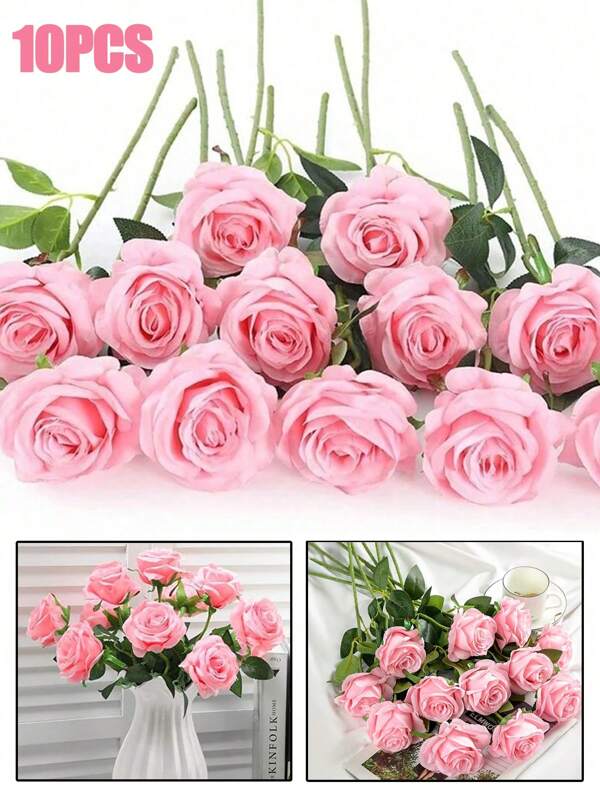 1/6/10pcs Artificial Silk Flowers,Fake Realistic Roses Floral Bouquet Long Stem For Home Wedding Decoration Party,Mother's Day Gift,Flower Baskets, Car Decorations, Dress Accessories,Love Flower Arrangement(Pink), Valentine Day, Gift