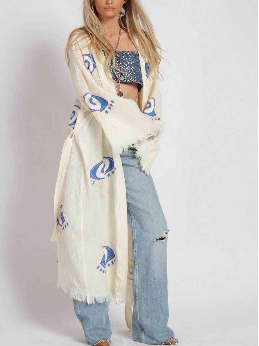 Cotton Gauze Print Kimono - 自然的 - 查看 1