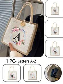 1 pezzo Borsa Shopper in lino con stampa a corona e lettera, borsa per damigelle, portamonete/portafoglio trucchi, borsa da viaggio per trucchi di grande capacità, borsa tote multifunzionale e portatile per insegnanti, regalo da donna, regalo per la festa degli insegnanti, borsa da viaggio e tempo libero, nuova borsa da shopping alla moda, adatta per uso quotidiano, appuntamenti, compleanni, vacanze, ritorno a scuola, spiaggia, viaggi, pendolarismo, affari, studenti, picnic, campeggio, supermercato, storage quotidiano