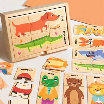 A Set Of Cognitive - Enhancing Animal Puzzle, Three - Piece Type, Easy For Young Babies To Grasp, With Cartoon Patterns For Interest Enlightenment, Dual - Play Methods, Wooden Box For Storage, Suitable For Young Babies, An Early - Education And Educational Wooden Puzzle, A Children's Enlightenment Toy, A Birthday And Christmas Gift.