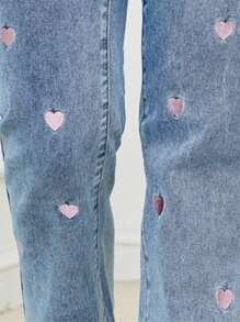 Women's Fashionable Casual Blue Elastic Snowflake Denim Pants With Pink Heart Embroidery Decoration, Soft And Comfortable For Spring, Summer, Autumn And Winter