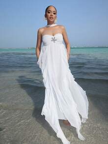 Melissa Matos 女式纯色梭织不对称下摆荷叶边连衣裙