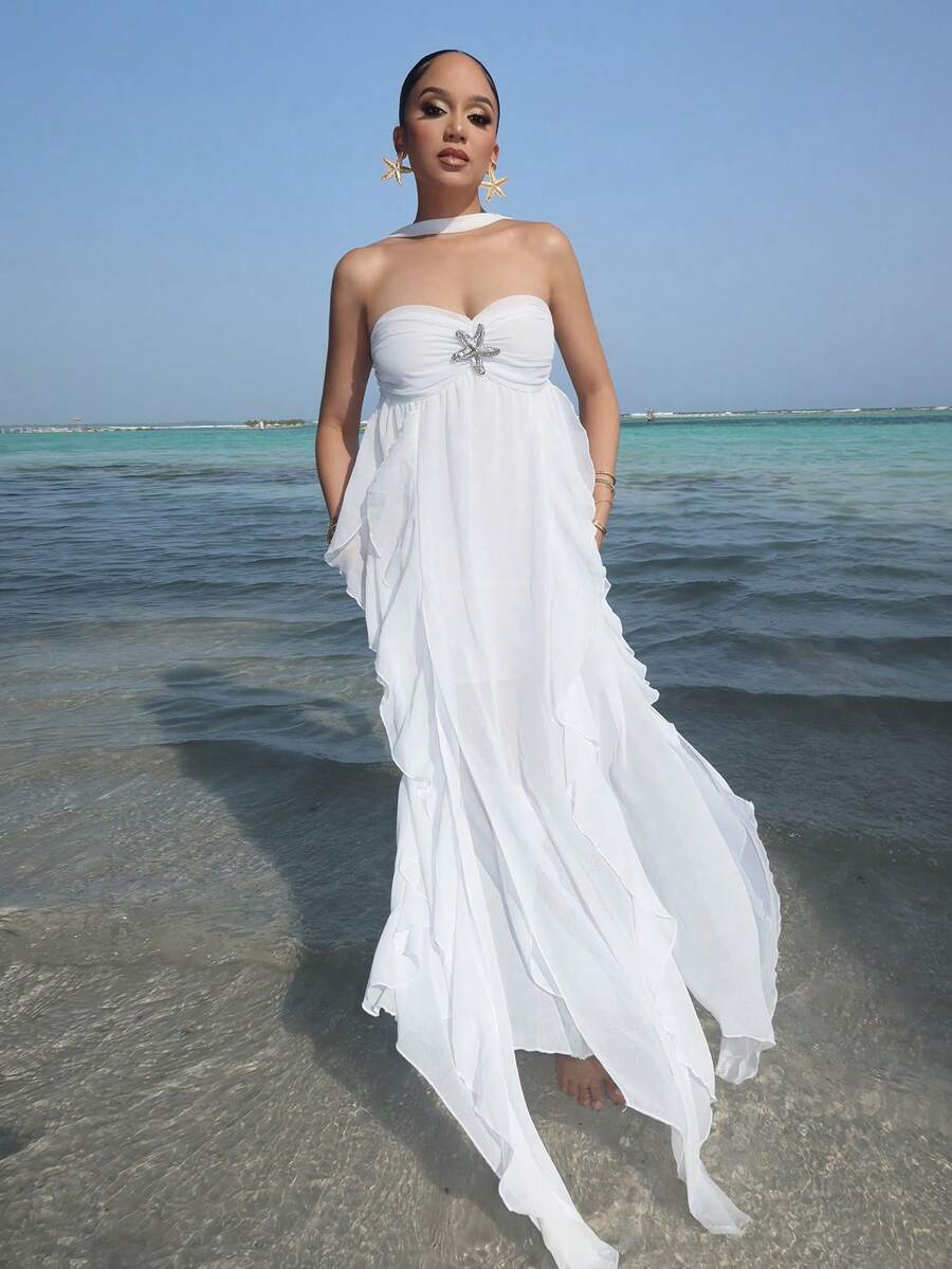 Melissa Matos 女式纯色梭织不对称下摆荷叶边连衣裙