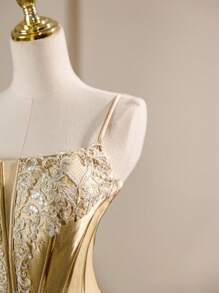 Rolarold Luxury Spaghetti Strap Satin Corset Homecoming Prom Dress With Split Thigh Bridesmaid Dress - Gold - View 2