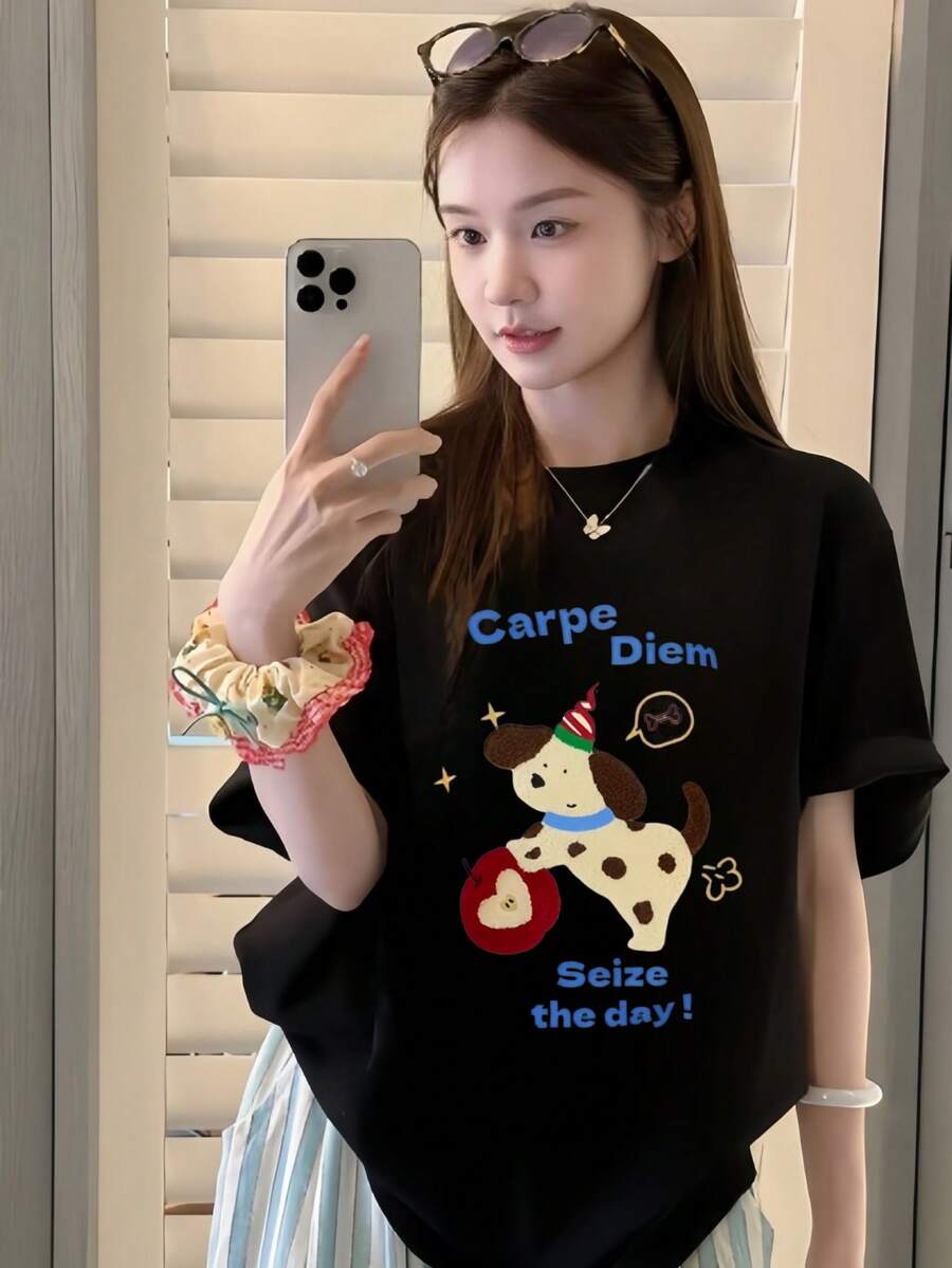 黑色图案印花短袖 T 恤，女士休闲圆领宽松百搭夏季上衣 - 黑色 - 查看 1