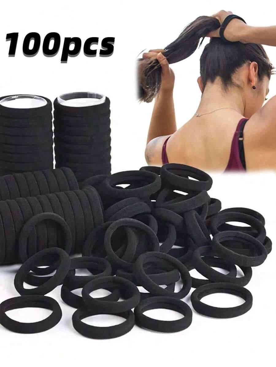 100pcs Women's Black, Fashionable Simple, 4cm Size,High Elasticity Hair Scrunchies Hair Ties, Suitable For Everyday Use And Gift Giving Hair Ties Ponytail Holders Hair Elastics Hair Rope, Hair Bobbles ,Gym Sport Outfit Hair Ties Head Accessories Rubber Bands Beauty Home Hair Accessories - 黑色 - 查看 1