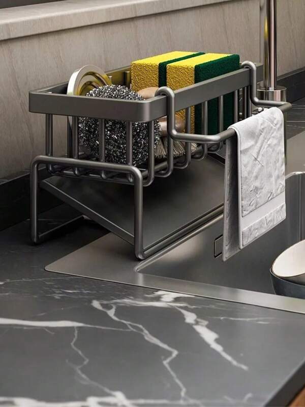 1pc Kitchen Sink Organizer,Sponge Holder Rack For Kitchen Sink,Steel Not Plastic Kitchen Sink Organizer With Removable Towel Rack And Draining Tray,Sponge Storage Drain Rack,Faucet Dry Basket,Bathroom And Kitchen Supplies