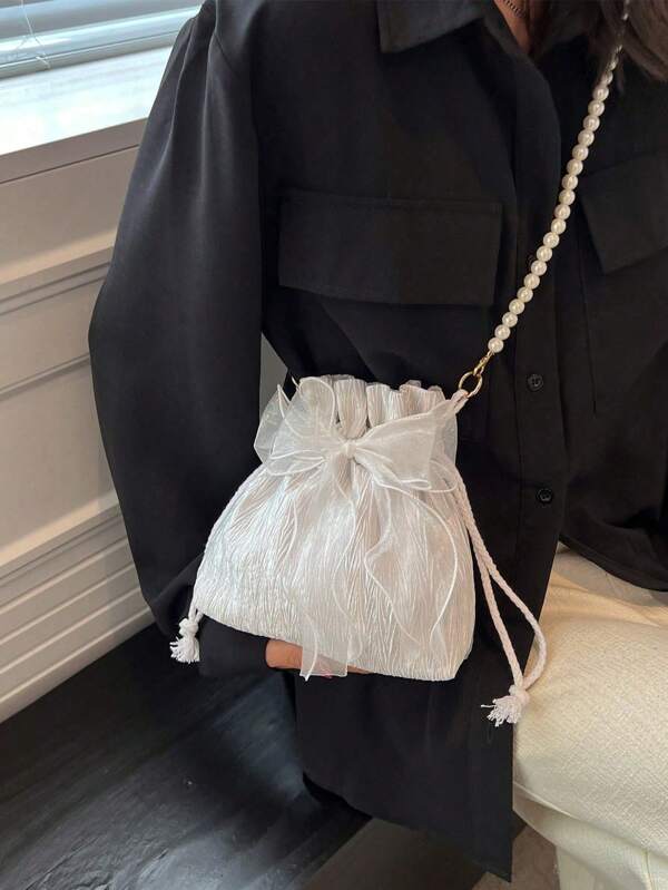 1pc Fashionable And Elegant Made Of Polyester Fabric With Bow Decoration Drawstring Opening And Closing Beaded Chain Shoulder Strap Women's Crossbody Bag For Banquet& Party& Wedding