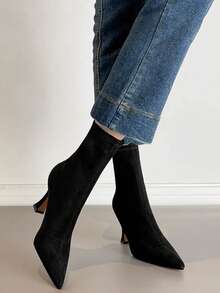 女士棕色踝靴，高跟，2025秋冬新款保暖内衬，细高跟，尖头，弹力紧身靴，猫跟靴，派对靴 - 黑色 - 查看 6