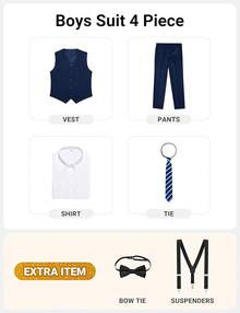Boys Formal Suit Set - Suspenders Adjustable Waist Ring Bearer - Navy Vest - View 2