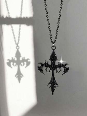 复古哥特嘻哈风格十字架火焰吊坠项链，简约设计男女通用 Y2K 时尚项链，适合女士