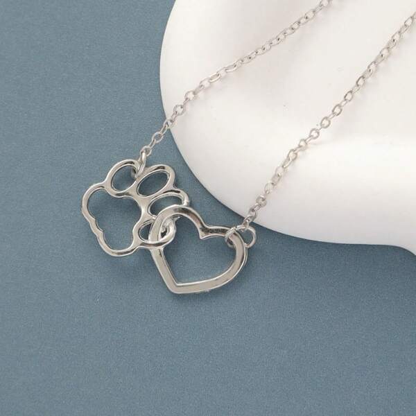 1pc Dog Paw Print & Heart Lock Pendant Necklace