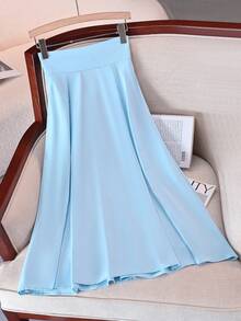 优雅嘉年华新款A字裙，度假风秋季女士伞裙，带蝴蝶结，修身喇叭长裙，纯色时尚返校中长裙 - 藍色 - 查看 3