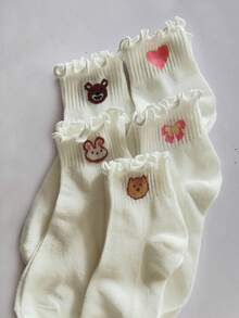 5pcs/10pcs Versatile White Ruffle Trim Mid-Calf Socks, Cute Cartoon Breathable Moisture-Wicking Odor-Resistant Socks - Multicolor - View 9