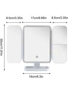 1个三折LED化妆镜，3倍/2倍/1倍放大倍率，便携式高清化妆镜，亮度可调，三色灯光，可折叠设计，内置800mAh可充电电池，USB充电，方便旅行携带，带触摸屏调光功能，是送给女性的最佳礼物，也是节日礼物的理想之选。