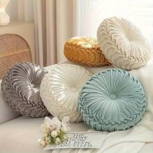 1pc Decorative Round Pleated Seat Cushion, Classy Accent Wheel Throw Pillows With Center Button, Vintage Velvet Floor Pillow For Sofa Couch Vanity Chair Bed - 綠色 - 查看 1