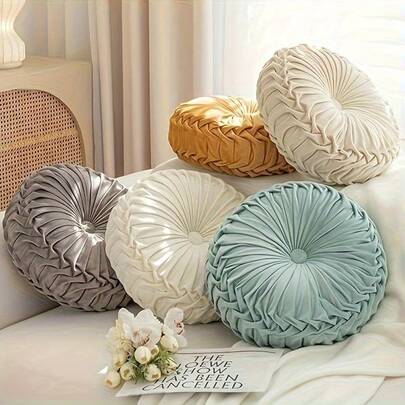1pc Decorative Round Pleated Seat Cushion, Classy Accent Wheel Throw Pillows With Center Button, Vintage Velvet Floor Pillow For Sofa Couch Vanity Chair Bed