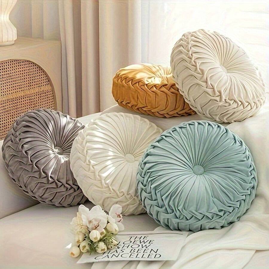 1pc Decorative Round Pleated Seat Cushion, Classy Accent Wheel Throw Pillows With Center Button, Vintage Velvet Floor Pillow For Sofa Couch Vanity Chair Bed - 綠色 - 查看 1