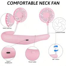 Ventilador de verano portátil, ventilador refrigerado, ventilador de cuello con manos libres, ventilador colgante recargable por USB de 1200 mAh, mini ventilador deportivo con 3 velocidades ajustables, ventilador doble para el hogar y la oficina