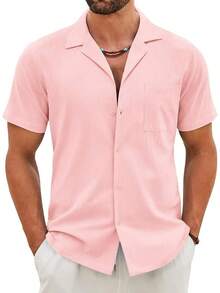 Mens Cotton Linen Shirt Casual Button Down Short Sleeve Shirts Summer Cuban Vacation Beach Shirts With Pocket