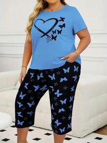 Plus Size Women's Casual Butterfly Print Short Sleeve T-Shirt And 7/8 Pants Pajamas Set, Spring, Summer, Autumn,Slightly Stretchy, Comfortable Homewear 2 Pcs - Blue - View 1