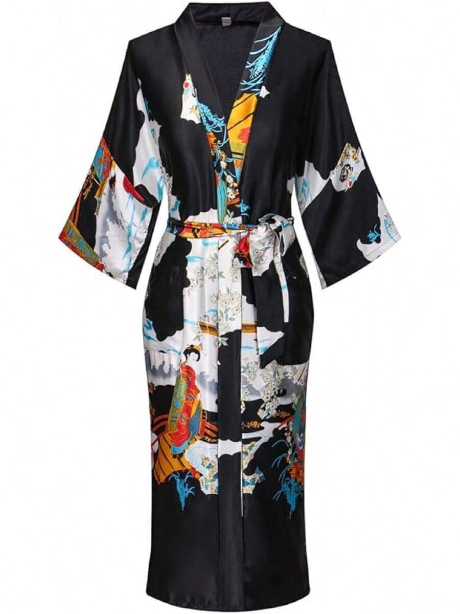 DandyChic Women's Long Floral Satin Robes Imitation Silk Sleepwear Bridal Dressing Gown For Bridesmaid Nightgownhalloween - 黑色 - 查看 1