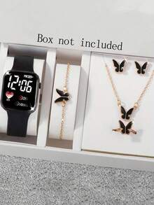6 件/套，1 件全新 LED 数字显示方形电子表 + 5 件精美时尚蝴蝶手链套装。万圣节、圣诞节、情人节、母亲节等节日礼物的最佳选择