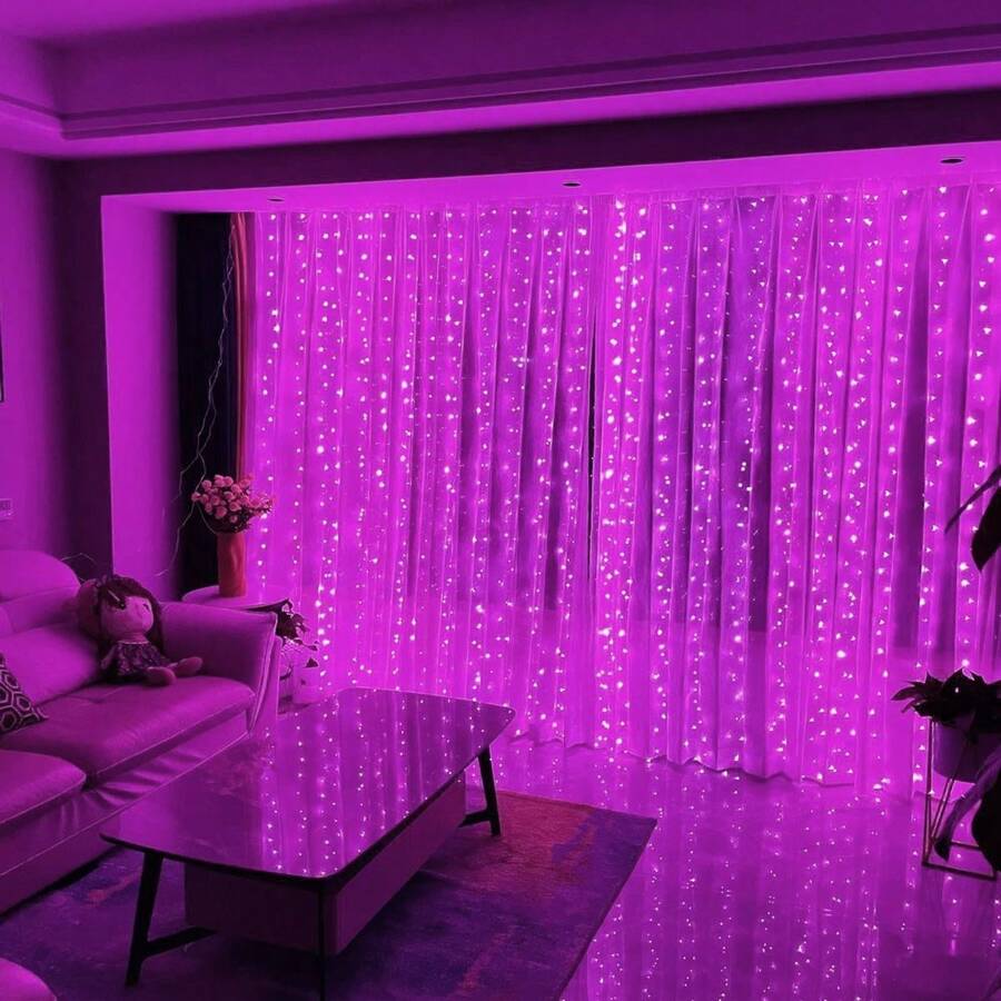 600leds Window Curtain String Lights With Remote Control, USB Powered Decoration Lights For New Year, Christmas, Wedding, Living Room, Bedroom - Pink - View 1