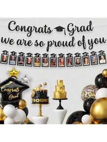 Glitter Black Congrats Graduation Banner - Large, No DIY, 10 Feet |   We Are So Proud Of You Banner |   K-12 Grad Photo Banner For Graduation Decorations 2025 |   Grad Decorations Class Of 2025 - Đèn chớp đen - Xem 7