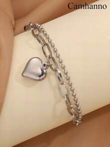 Camhanno 1 件前卫银色不锈钢手链，具有独特的心形设计和优雅的特点，适合派对礼物和休闲穿着，风格可爱，风格简约，可作为备用配件