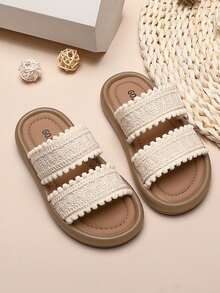 1双夏季小女孩拖鞋，舒适柔软简约米色平底，适合室内外穿着，女孩编织带饰有毛球，清新可爱百搭拖鞋 - 米色 - 查看 3