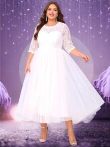 Women Plus Size Floral Lace Mesh Curve Wedding Dress Engagement Bridal Shower Cocktail Party Gowns Reception Bachelorette Event Rehearsal Extended Sizing, For Valentine's Day - White - View 12