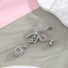 1pc Silver Color Zirconia Belly Button Ring With Bowknot Piercing Jewelry - Silver - View 2