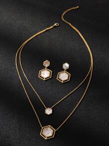 1set Elegant Hexagon Mother-Of-Pearl Necklace & Earrings Jewelry Set, Perfect For Parties And Daily Wear