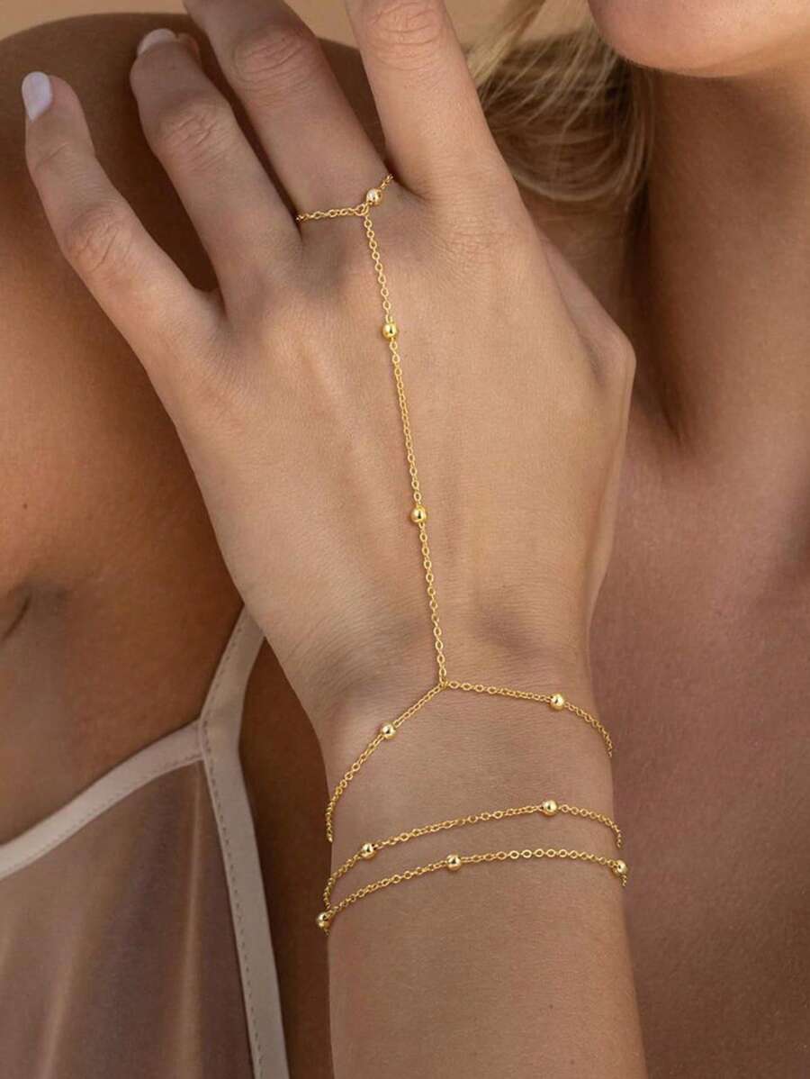 1pc 18k Stainless Steel Gold Ball Chain Layered Cross Ring Chain Bracelet, Non-Fading, Fashion Versatile Personalized Bracelet, Suitable For Daily Wear