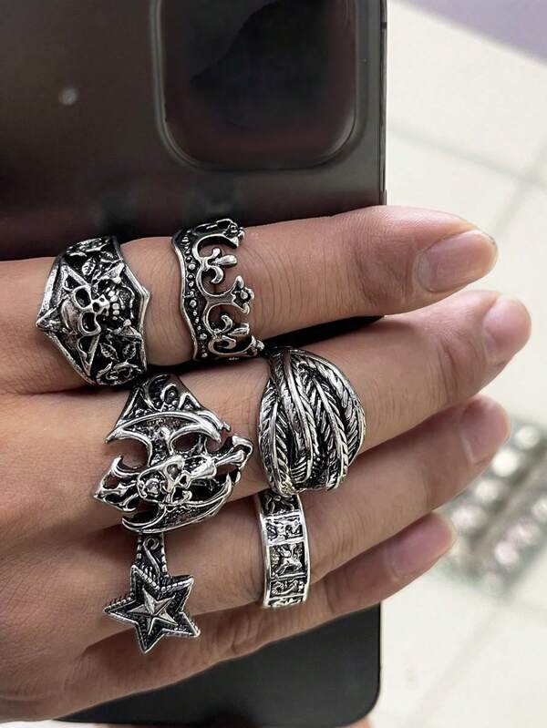 6pcs/Set Gothic Punk Style Skull & Star Design Rings Set For Men