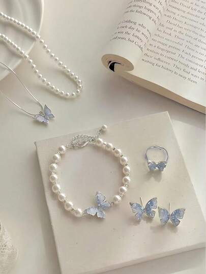 1pc/2pcs/6pcs Set Unique Design Elegant Asymmetrical Blue Crystal Butterfly & Pearl Necklace, Bracelet, Earrings, Ring Jewelry Set, Best Gift For Girlfriend/Best Friend