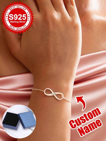 Brazalete personalizado de plata de ley S925 con diseño de infinito - Regalo personalizado para parejas, amantes, cónyuges, mejores amigos y uno mismo - Ideal para aniversarios, San Valentín, citas románticas, looks elegantes diarios y recuerdos de amor perdurables