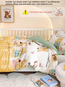 3pcs/Set Cartoon Bear & Dinosaur Printed Bedding Set, Tropical Rainforest Style, Suitable For Nursery, Kindergarten Nap Mat, Children's Bedroom, Includes 1 Duvet Cover (47*59in), 1 Pillow Sham (23*53in), 1 Pillowcase (11*19in) (Without Filler)