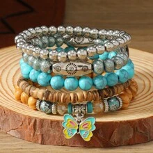 10pcs/20pcs/30pcs Bohemian Western Cowboy Style Turquoise Beaded Elastic Bracelet Set