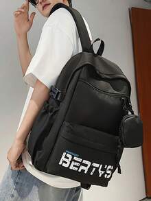 1 件字母印花黑色/棕色/灰色背包，带零钱包，大容量多口袋尼龙背包，带拉链和搭扣，行李带，休闲风格，适合男士、学生、旅行、通勤、度假、男孩返校礼物 - 彩色 - 查看 9