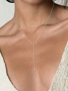 Stainless Steel Double Layer Necklace, Long Pendant Necklace, Y-Shape Chain With Round Bead Pendant, Women's Daily Wear - 金子 - 查看 3