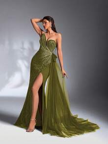 IBTRLY 新款奢华优雅橄榄绿不对称领口亮片刺绣拼接针织高开衩至大腿腰部3D网纱褶皱长款正式礼服，适合派对、婚礼宾客及其他场合。 - 草綠色 - 查看 5