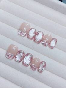 10pcs Pink Handpainted 3D Floral Pearl Chain, French Shiny Pearl Cat Eye Floral Wearable Nail Art Decoration For Nail DIY Enthusiasts, Women And Girls