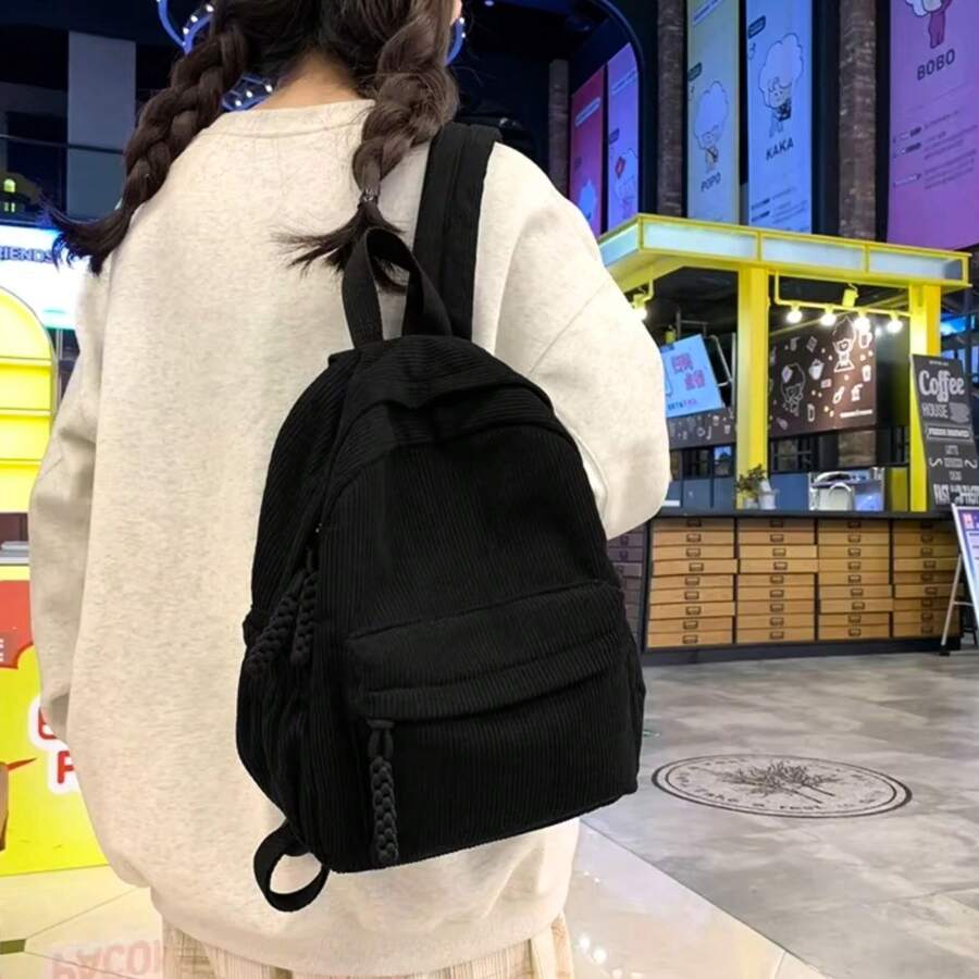 Women Corduroy Backpack Medium Fashion Casual College School Bag Girls Women Waterproof - 黑與白 - 查看 1