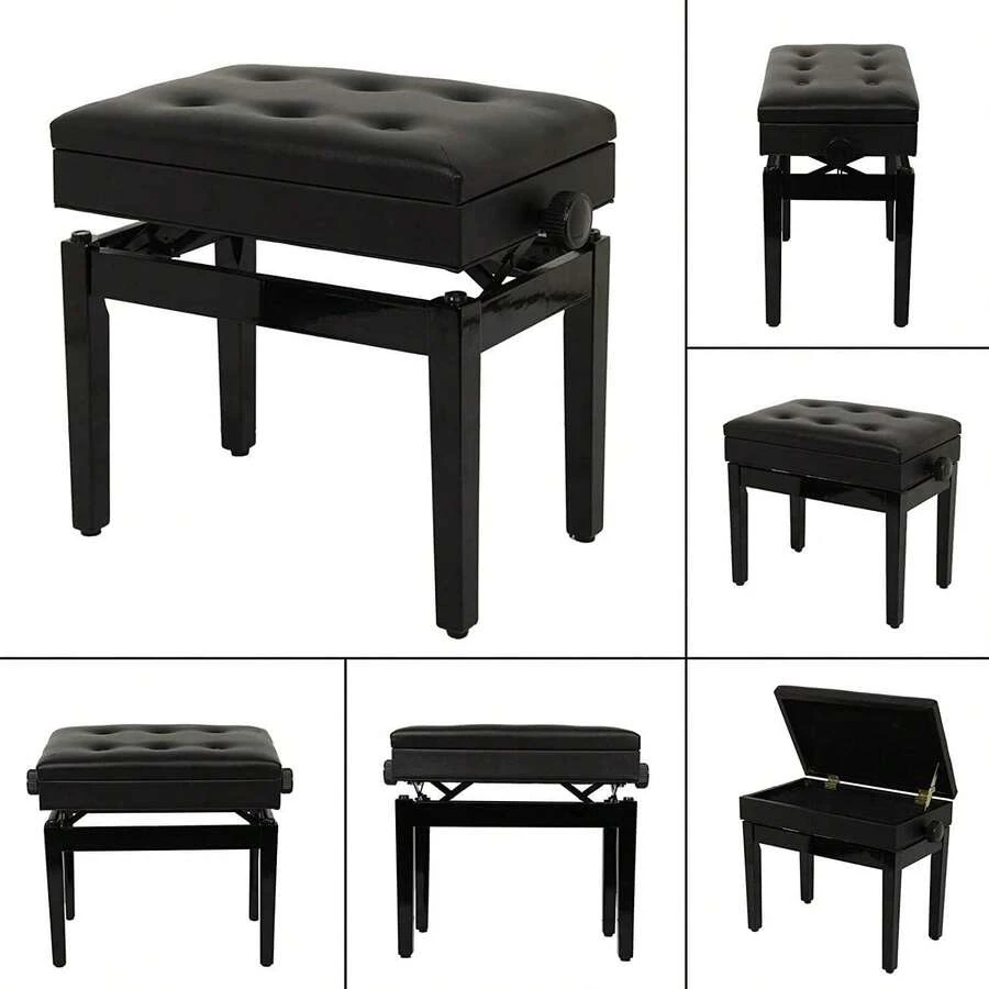 Height Adjustable Faux Leather Piano Stool With Storage | 56x34x48cm Multi-Purpose Keyboard Bench - Black - View 1