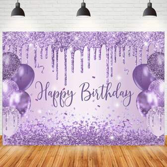 1pc Purple Glitter Birthday Background With Balloons And "Happy Birthday" Text - Perfect For Party Decorations