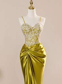 Rolarold 优雅吊带撞色蕾丝正式礼服，开衩伴娘礼服，派对婚礼季，情人节 - 金色 - 查看 7